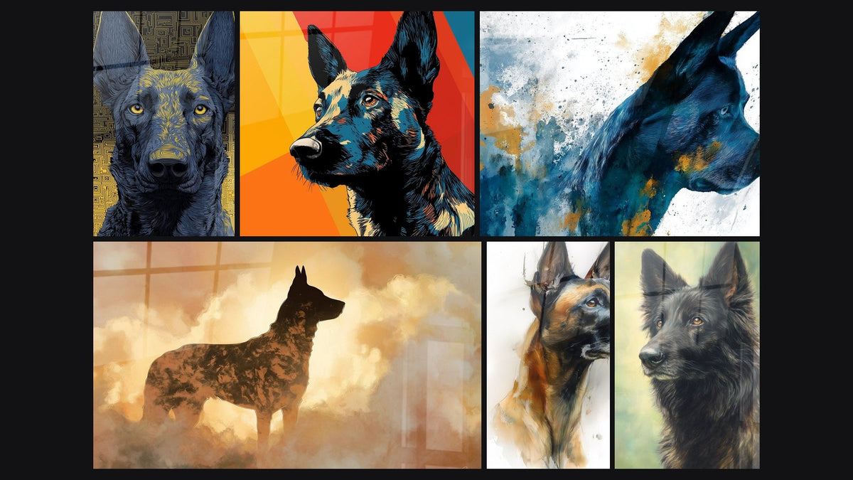 Mosaïque de six tableaux, dont Chien Silhouette Dorée dans les Nuages