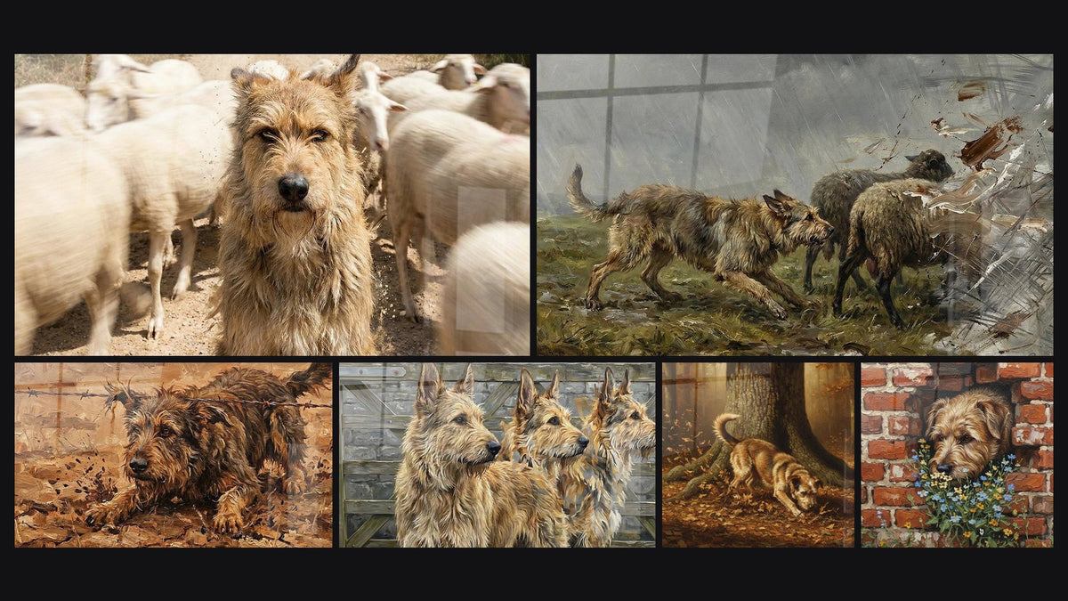 Mosaïque de six tableaux, dont Berger Picard en Action sous Barbelés et Trois Bergers Picards en Ligne