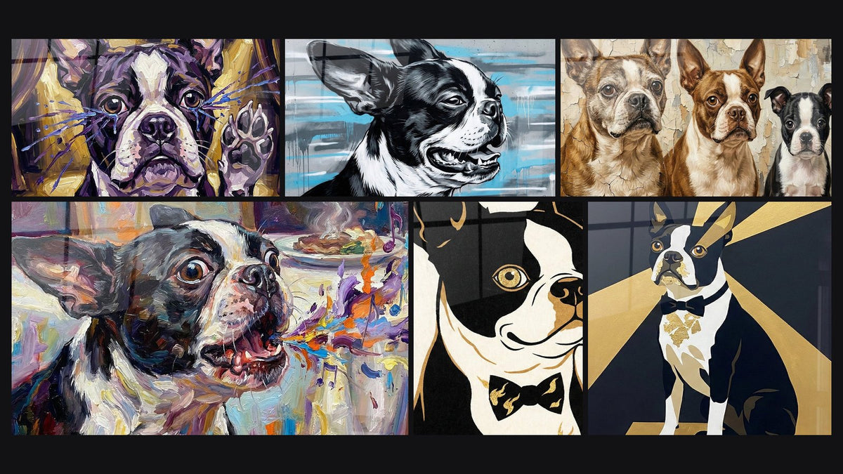 Mosaïque de six tableaux, dont Chien Noir et Blanc Portrait Expressif et Boston Terrier aux Couleurs Expressives