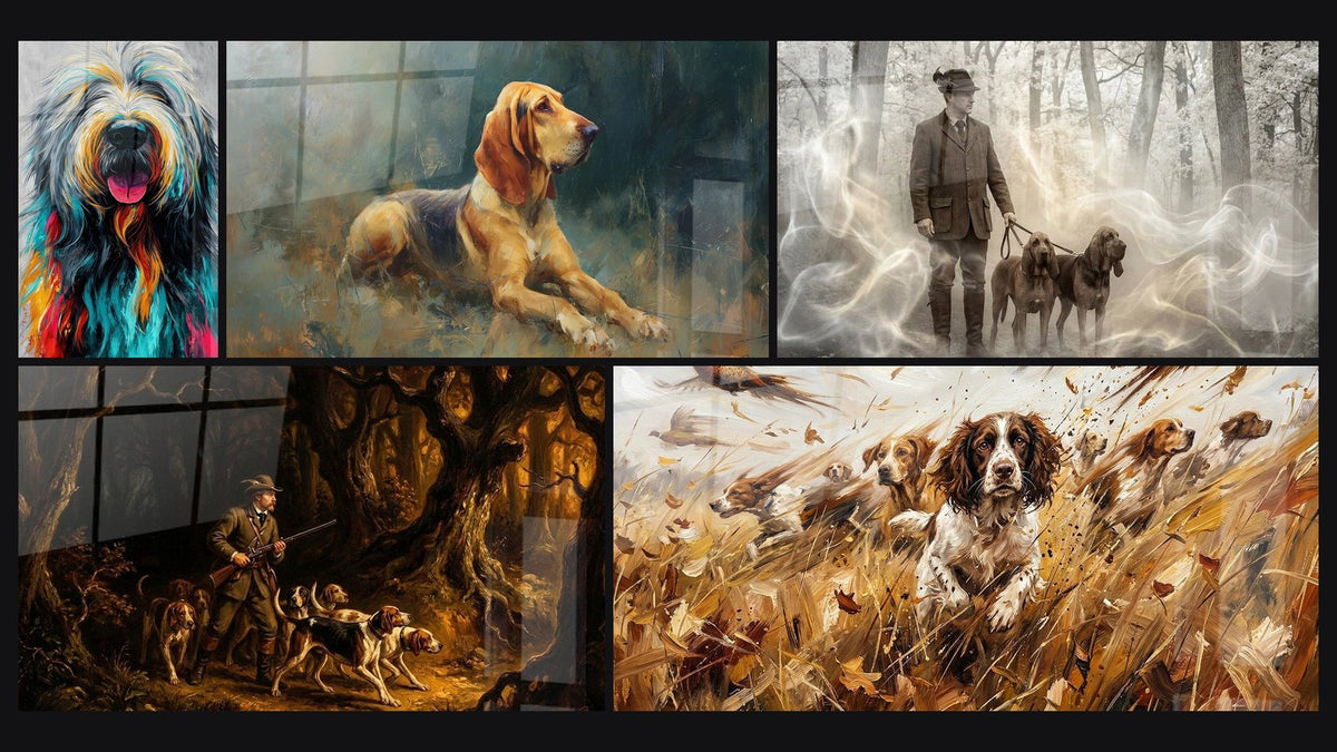 Mosaïque de cinq tableaux, dont Chien aux Couleurs Éclatantes, Chasseur et Meute de Chiens et Chasseur aux Chiens de Chasse