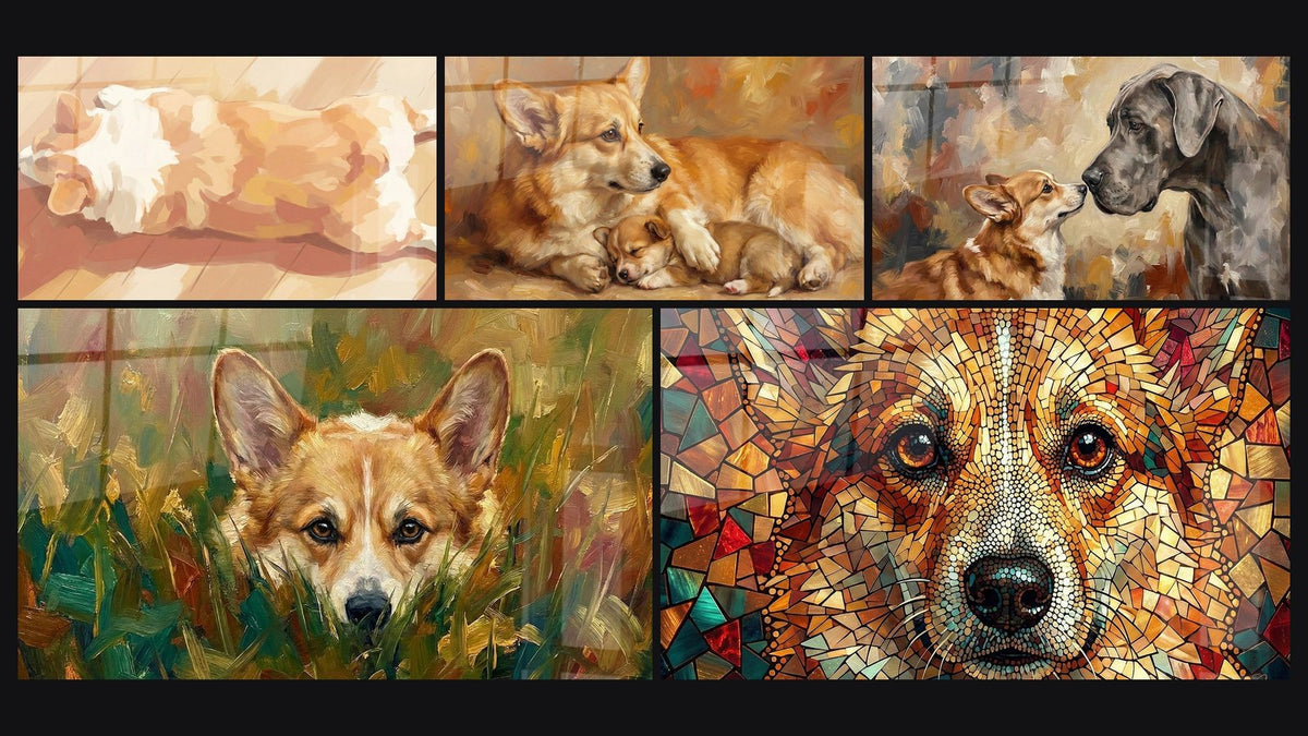 Mosaïque de cinq tableaux, dont Chien Allongé aux Tons Dorés et Chienne Corgi et son Chiot Endormi