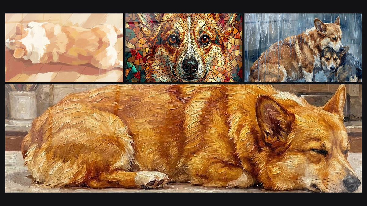 Mosaïque de quatre tableaux, dont Chien Allongé aux Tons Dorés et Chien Roux Endormi sur Carrelage