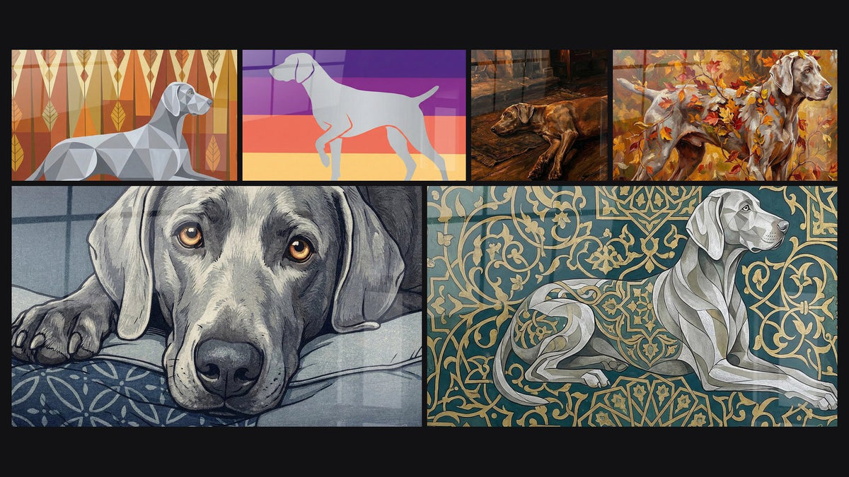 Mosaïque de six tableaux, dont Chien Gris aux Motifs Dorés Orientaux et Chien Couché près du Foyer