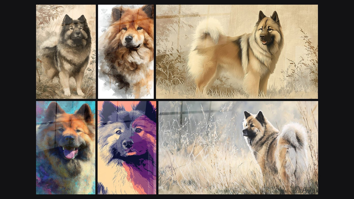 Mosaïque de six tableaux, dont Chien aux Tons Turquoise et Orange et Chien aux Tons Dorés et Aquarelle Fluide