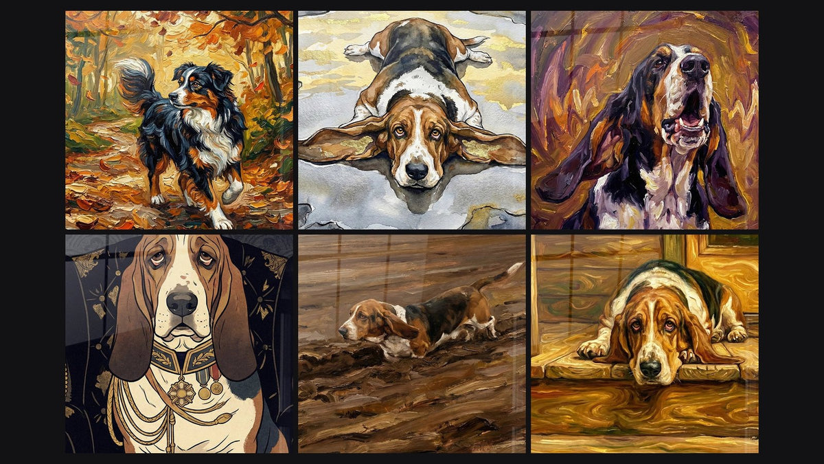 Mosaïque de six tableaux, dont Basset Hound Allongé dans l'Eau et Basset Hound aux Tons Dorés et Violets
