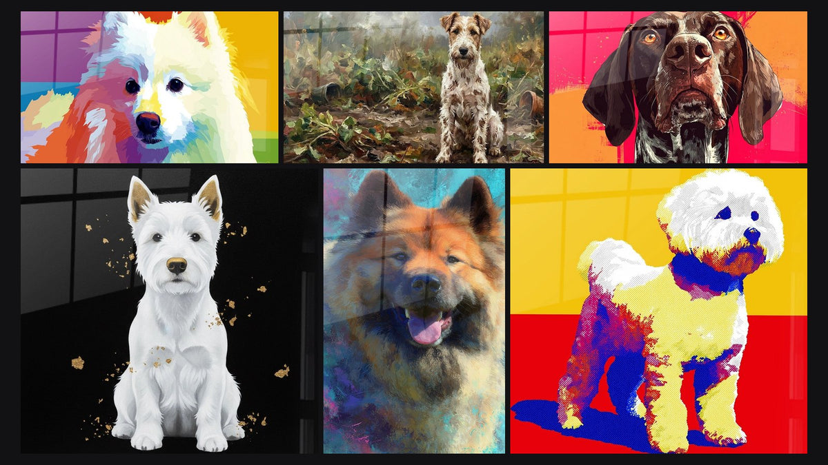Mosaïque de six tableaux, dont Chien Blanc aux Couleurs Arc-en-Ciel et Chien Blanc Assis avec Touches Dorées