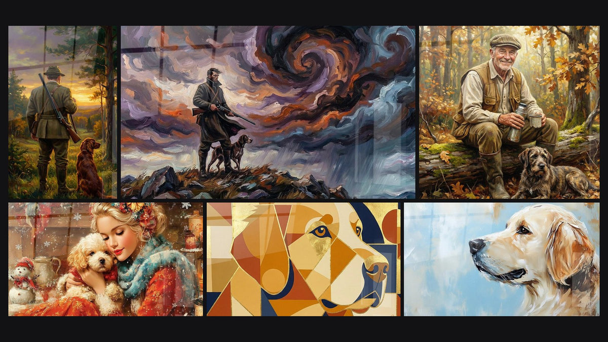Mosaïque de six tableaux, dont Chasseur et Chien au Coucher de Soleil et Chasseur et Chien