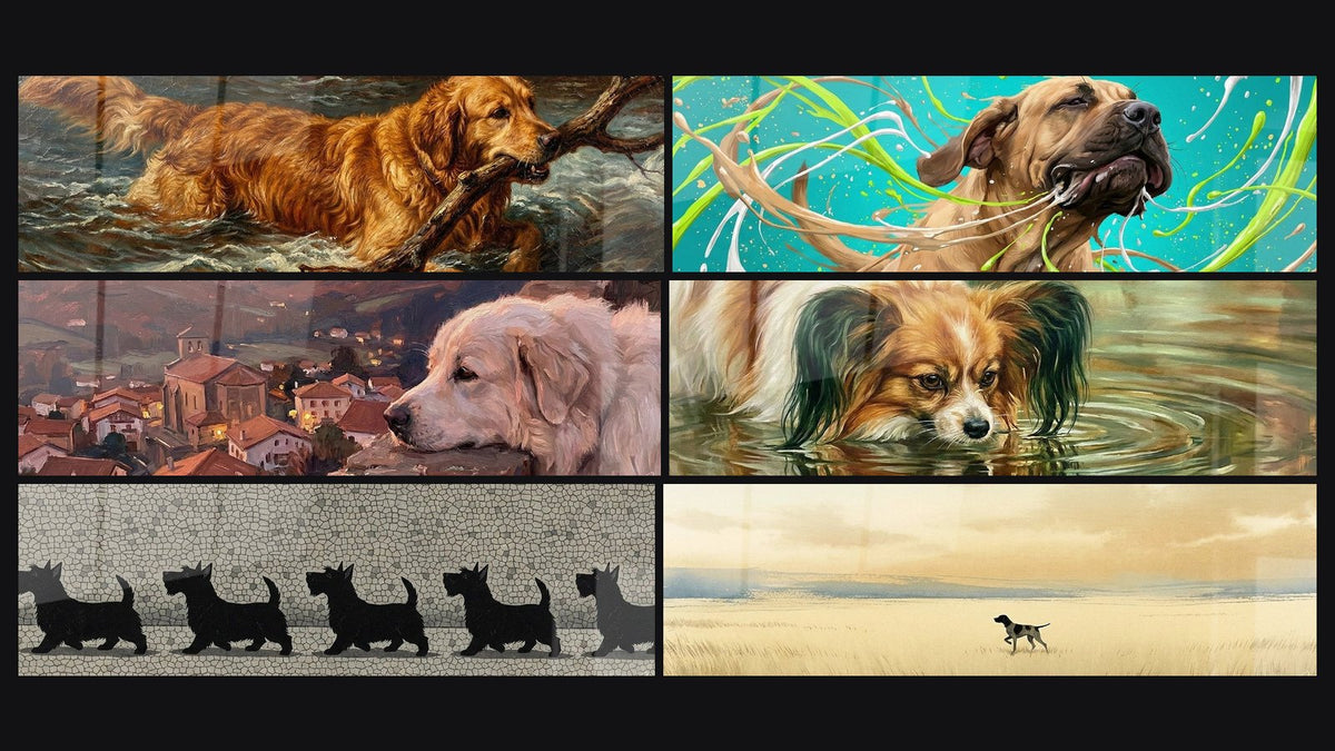 Mosaico de seis cuadros, entre ellos Perro Dorado en las Aguas con Rama y Siluetas de Perros en Mosaico Negro