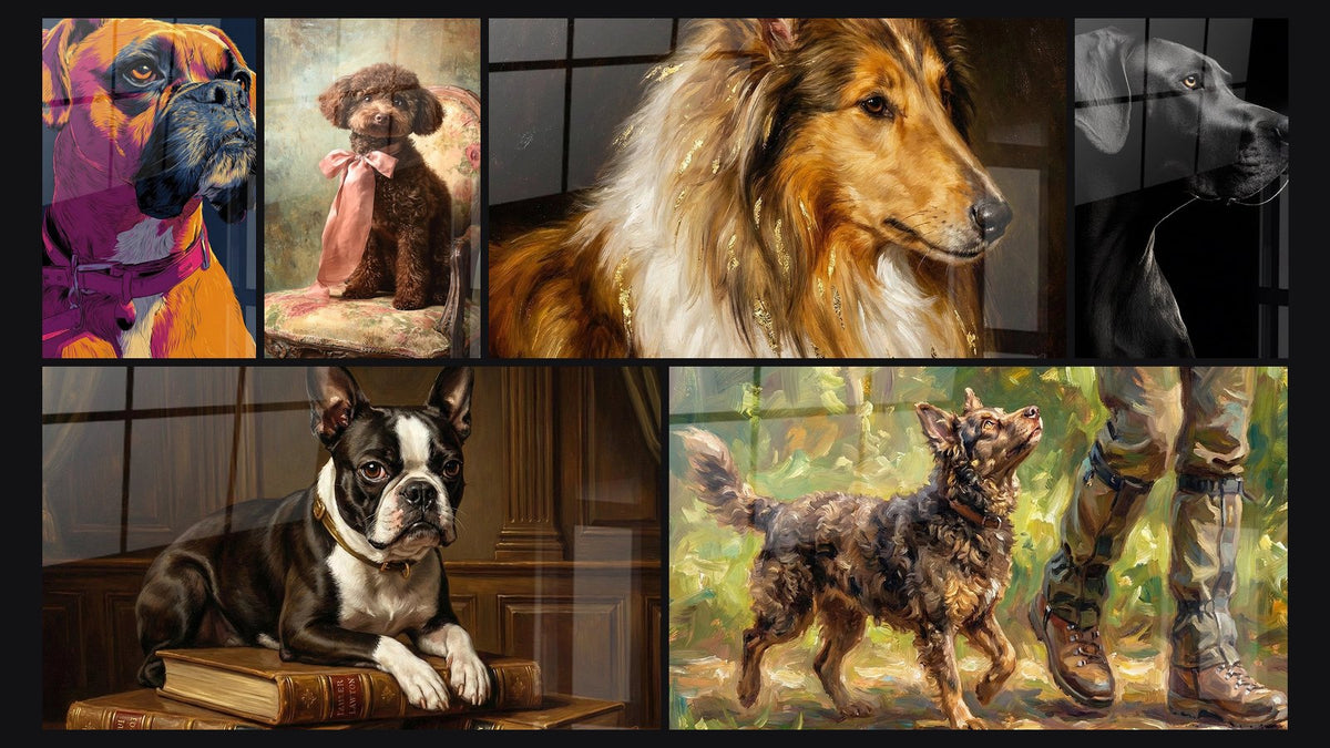 Mosaïque de six tableaux, dont Collie aux Reflets Dorés en Portrait Noble