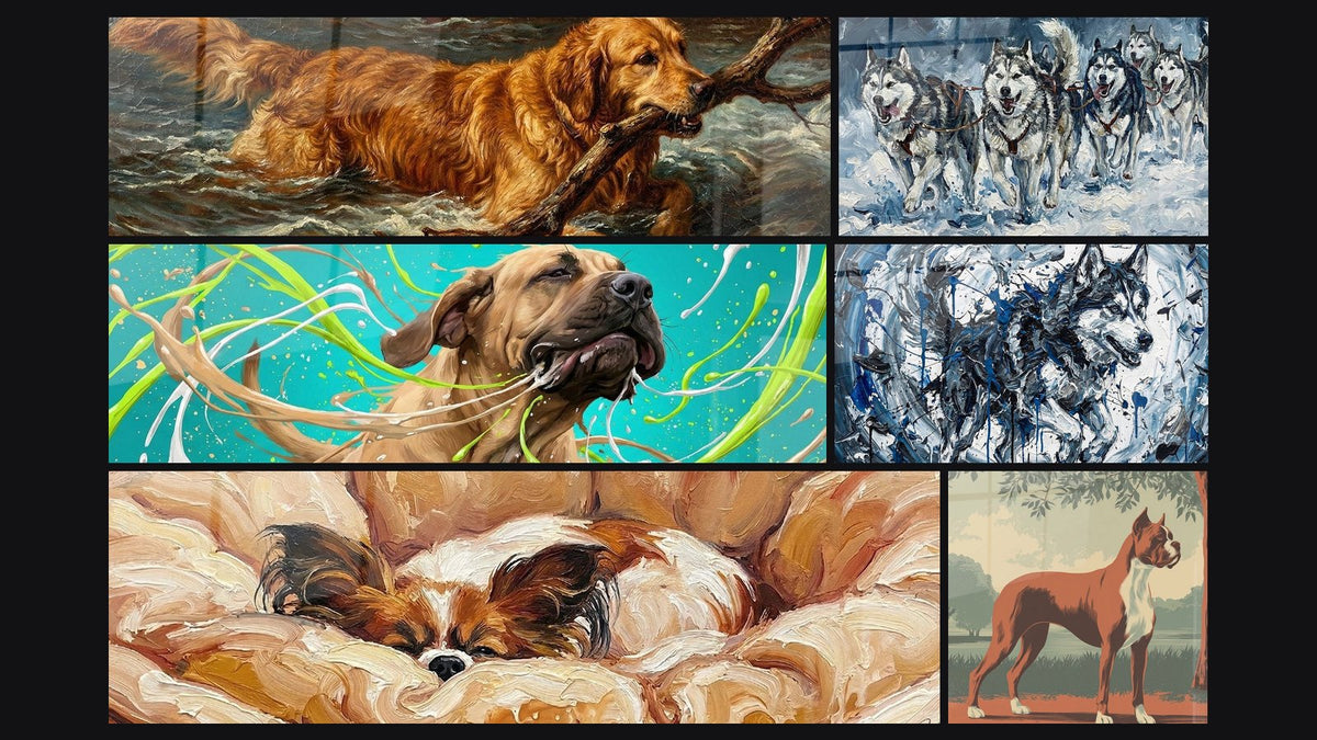 Mosaico de seis cuadros, entre ellos Perro Dorado en las Aguas con Rama y Perro de Papelón Dormido en Mantas Beige
