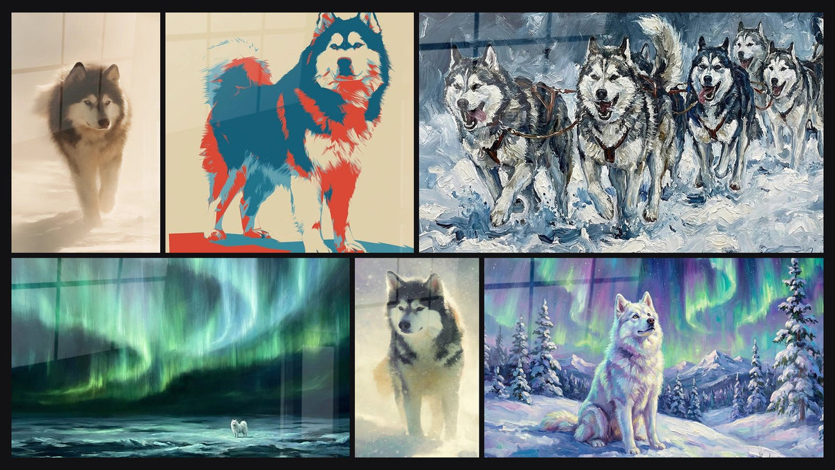 Mosaico di sei quadri, tra cui Cane Bianco sotto Aurora Boreale e Cane Nordico nei Toni Blu e Rossi