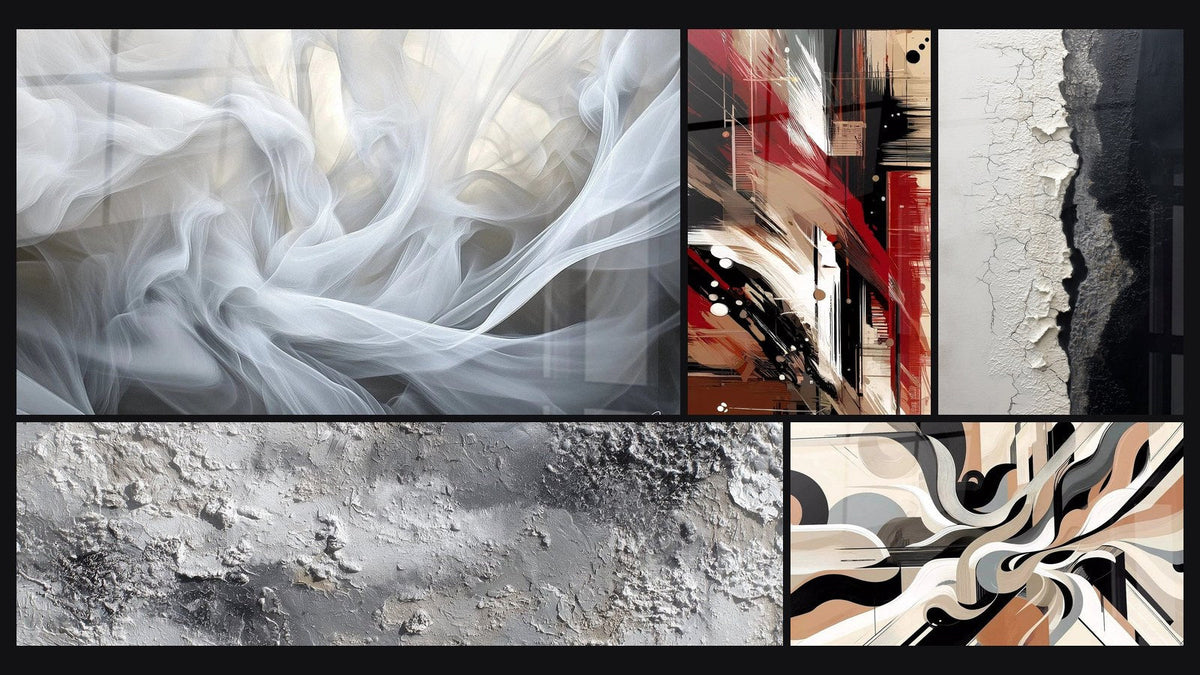 Mosaïque de cinq tableaux, dont Voiles de Lumière, Désordre Structuré et Vibrations Graphiques