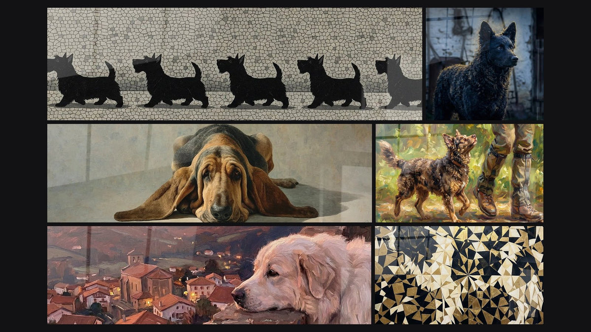 Mosaico di sei quadri, tra cui Silhouette di Cani in Mosaico Nero e Cane Bloodhound Disteso Toni Caldi