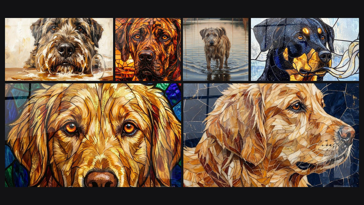 Mosaïque de six tableaux, dont Chien aux Yeux Ambrés avec Verre Renversé et Chien aux Tons Ambrés et Vitraux