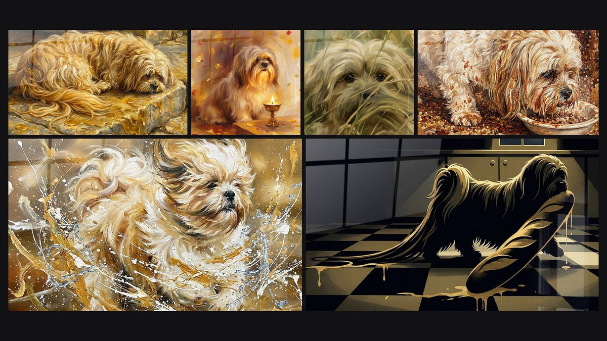 Mosaïque de six tableaux, dont Chien aux Tons Dorés près d'une Chandelle