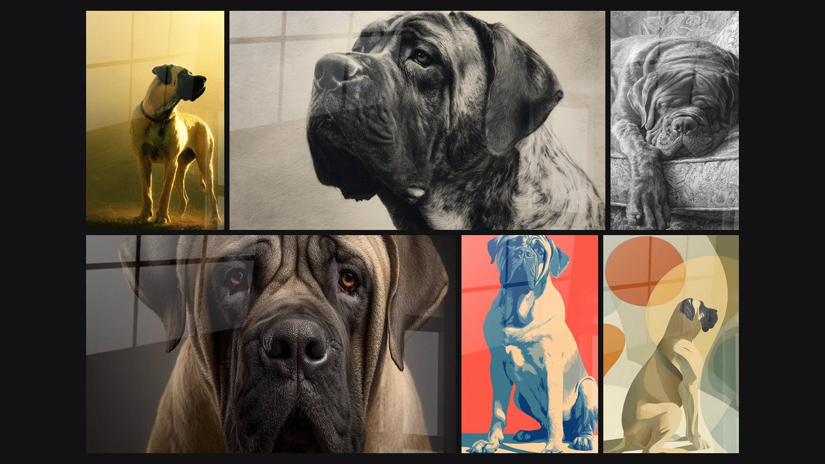 Mosaico di sei quadri, tra cui Cane Dorato nella Luce Dorata e Ritratto Cane dagli Occhi Ambrati