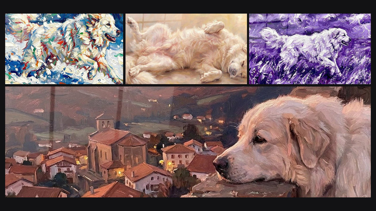 Mosaïque de quatre tableaux, dont Chien Blanc dans la Neige et Chien Blanc aux Nuances Violettes