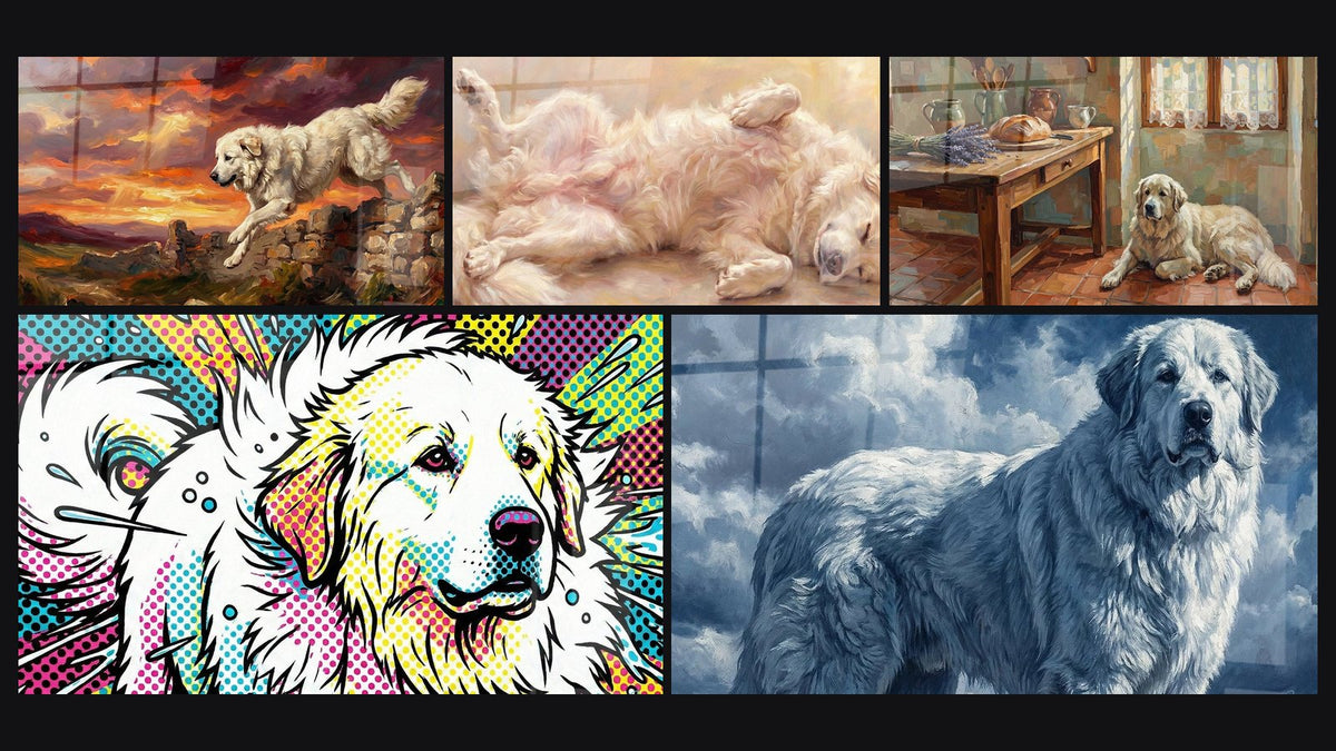 Mosaik aus fünf Gemälden, darunter Hund in leuchtenden Pop-Art-Farben und Patou der Pyrenäen unter Sturmhimmel