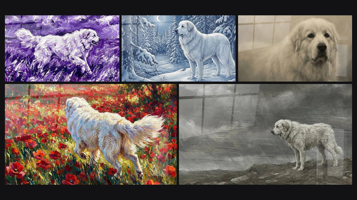 Mosaïque de cinq tableaux, dont Chien Blanc aux Nuances Violettes et Chien de Montagne sous l'Orage