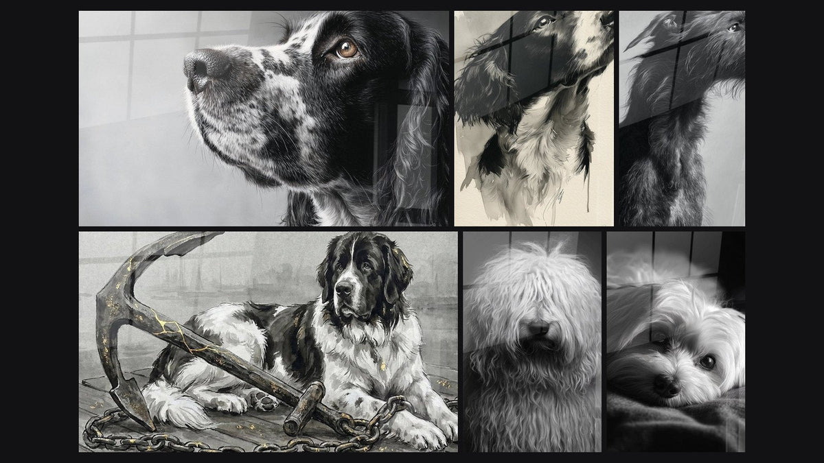 Mosaico de seis cuadros, entre ellos Perro Negro y Blanco con Mirada Elevada y Perro Perfil Monocromo Blanco y Negro