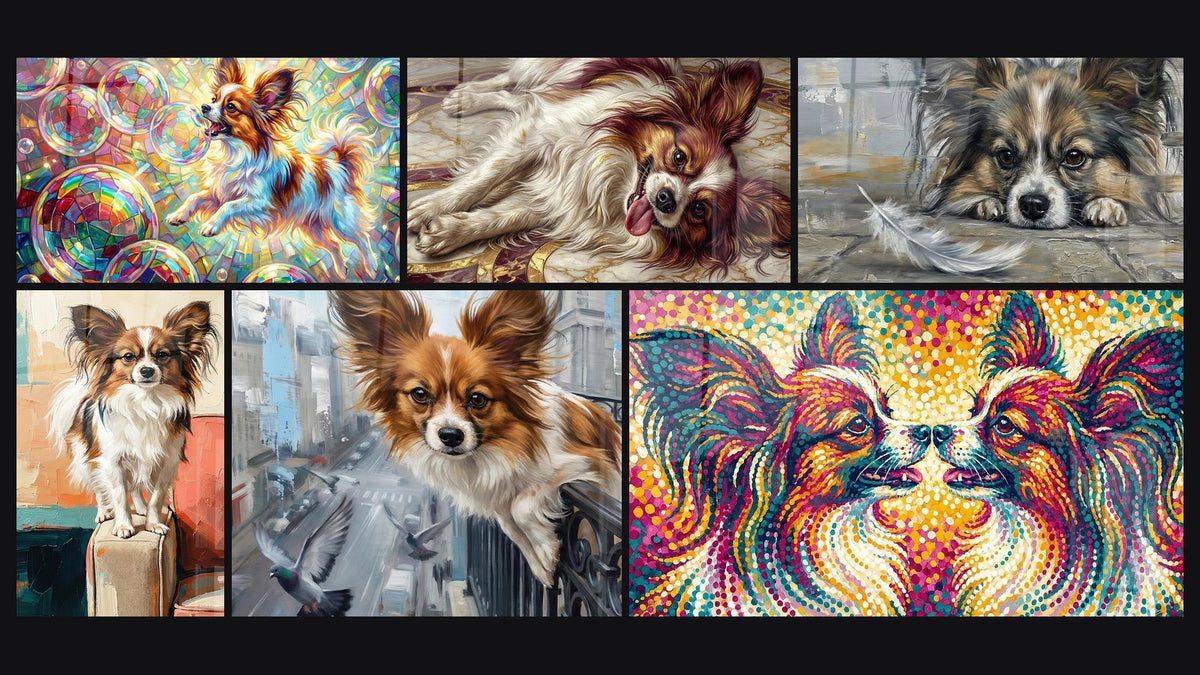 Mosaïque de six tableaux, dont Chien Papillon aux Bulles Irisées