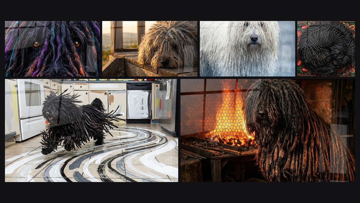 Mosaico di sei quadri, tra cui Cane dai Lunghi Dreadlock Vicino al Fuoco