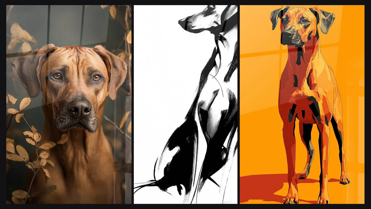 Mosaïque de trois tableaux, dont Chien Élancé Noir et Blanc en Portrait et Chien Géométrique Orange et Rouge