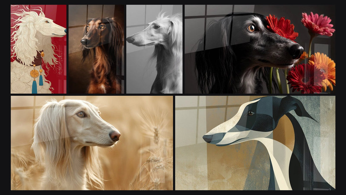 Mosaïque de six tableaux, dont Chien Lévrier aux Yeux Dorés et Portrait de Lévrier en Noir et Blanc