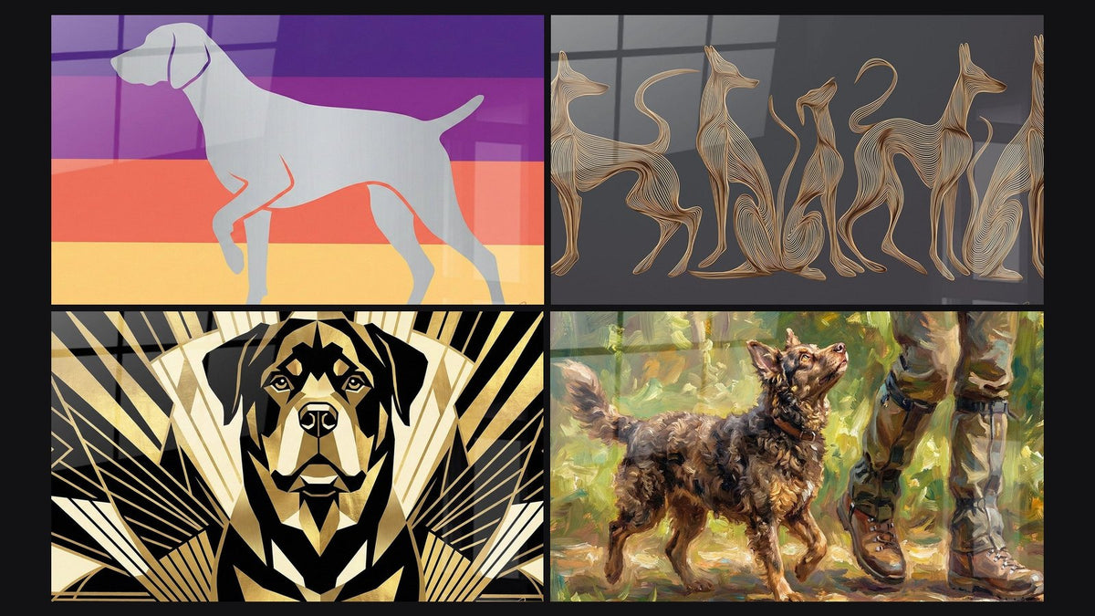Mosaic of four paintings, including Stylized Dogs