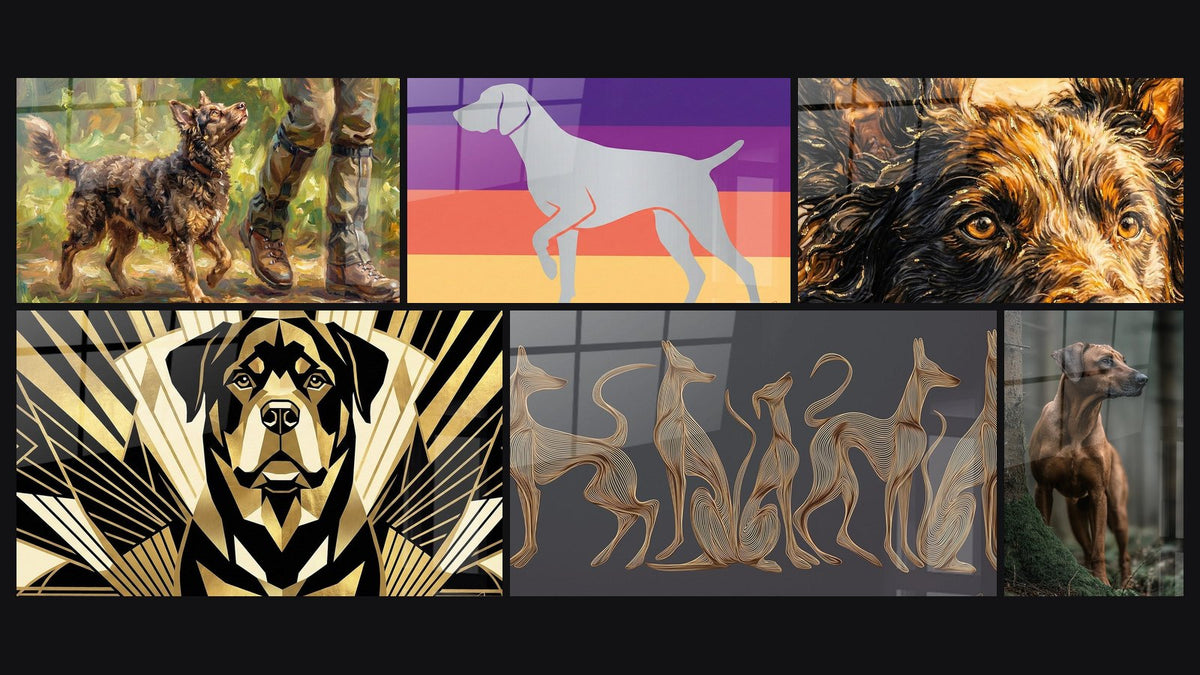 Mosaïque de six tableaux, dont Chien Stylisé Art Déco Dorée et Noire, Chiens Stylisés et Mudi aux Tons Ocre et Dorés