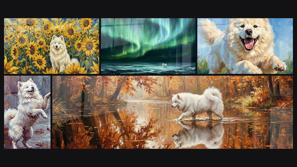 Mosaïque de cinq tableaux, dont Chien Blanc dans Champ de Tournesols Dorés et Chien Blanc Bondissant sous la Pluie