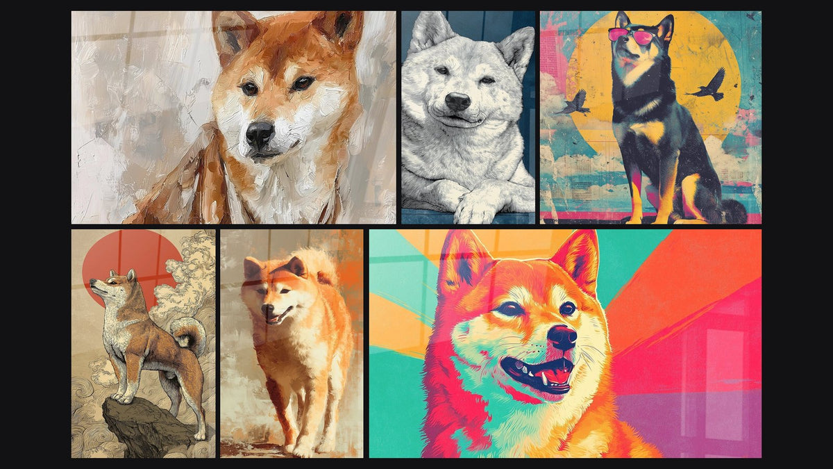 Mosaico de seis cuadros, entre ellos Retrato de Perro Sonriente Grabado Vintage y Perro Rojo sobre Roca con Sol Rojo