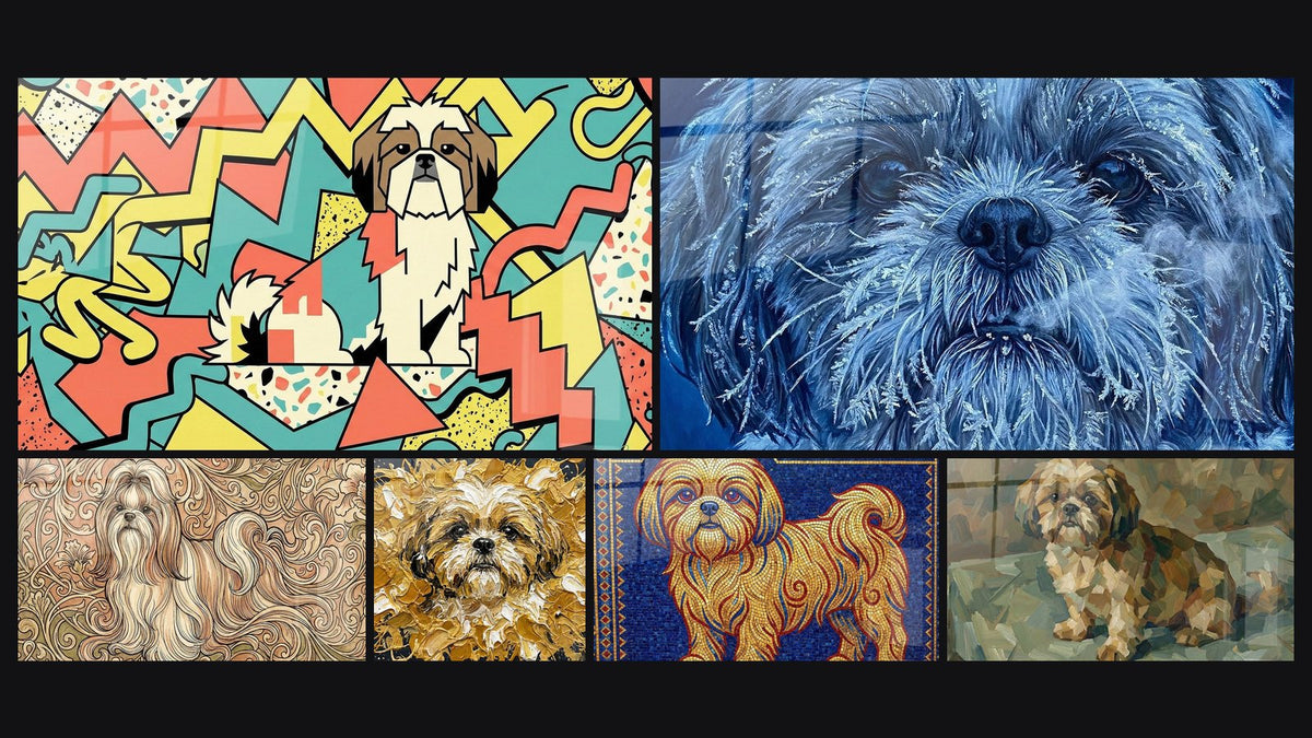 Mosaïque de six tableaux, dont Chien Graphique aux Couleurs Éclatantes et Chien aux Tons Bleus Glacés