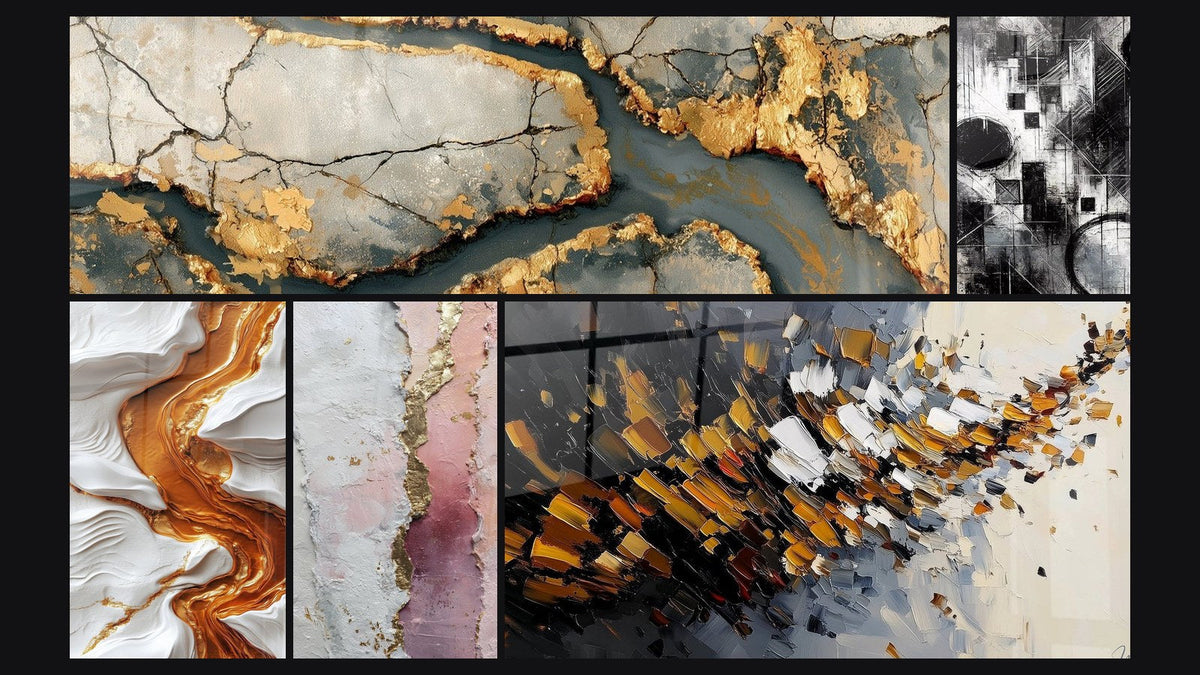 Mosaïque de cinq tableaux, dont Marbrure dorée aux failles anthracite et Abstrait rose blanc or avec texture dorée