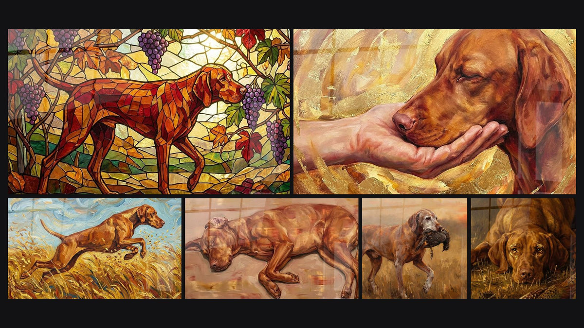 Mosaïque de six tableaux, dont Chien Roux Vitrail dans Vignes Dorées et Chien Brun Sautant dans les Blés Dorés