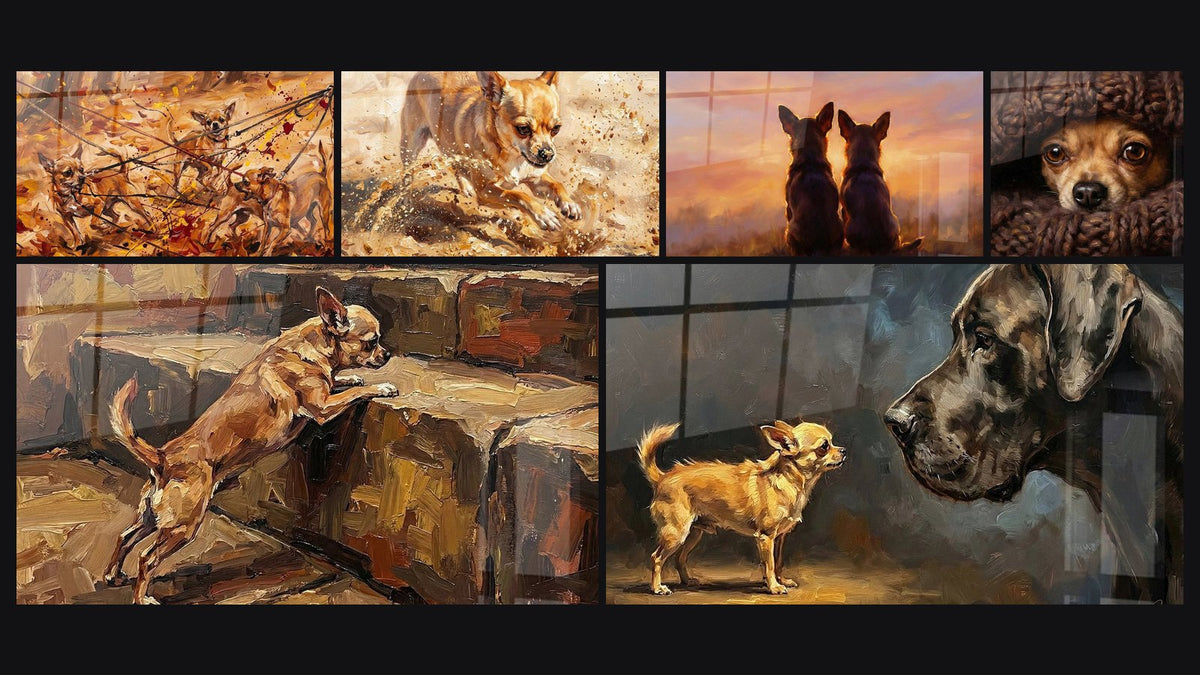 Mosaïque de six tableaux, dont Chihuahuas en Action Dynamique et Chihuahua Fauve Courant dans l'Eau