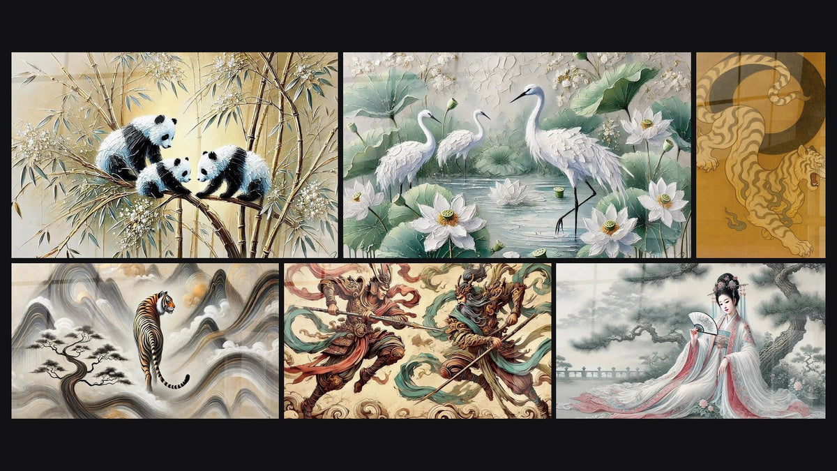 Mosaico di sei quadri, tra cui Guardiani del Bambù, Nelle Nebbie Sacre e Danza dei Loti