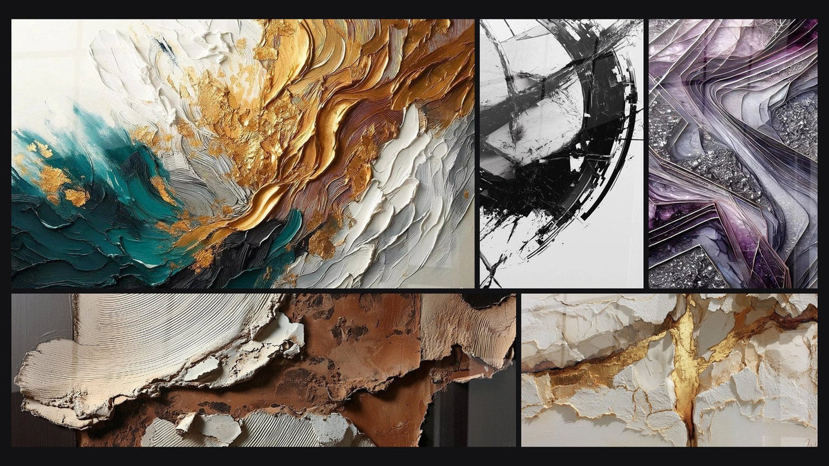 Mosaïque de cinq tableaux, dont Trace en Or et Jade, Textures abstraites terre et blanc cassé et La Brisure du Temps