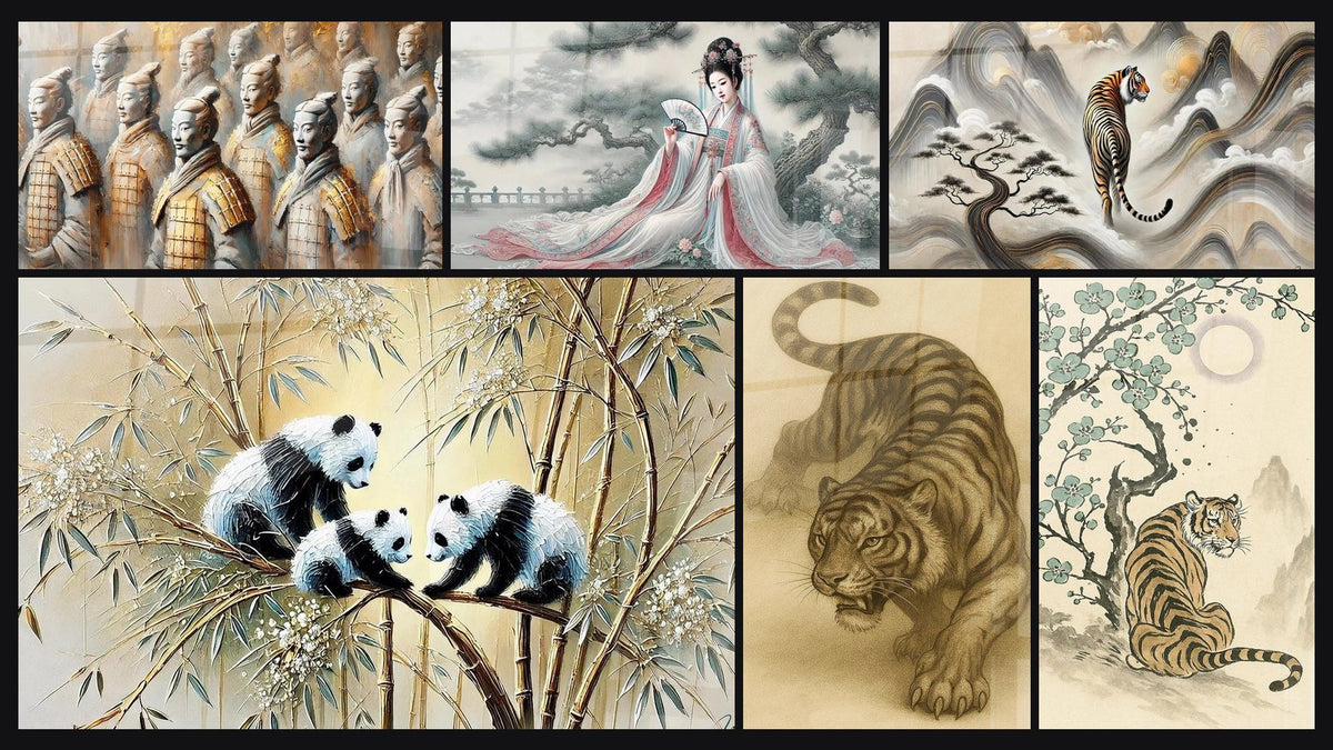 Mosaïque de six tableaux, dont Les Guerriers du Temps, Élégance Printanière et Dans les Brumes Sacrées