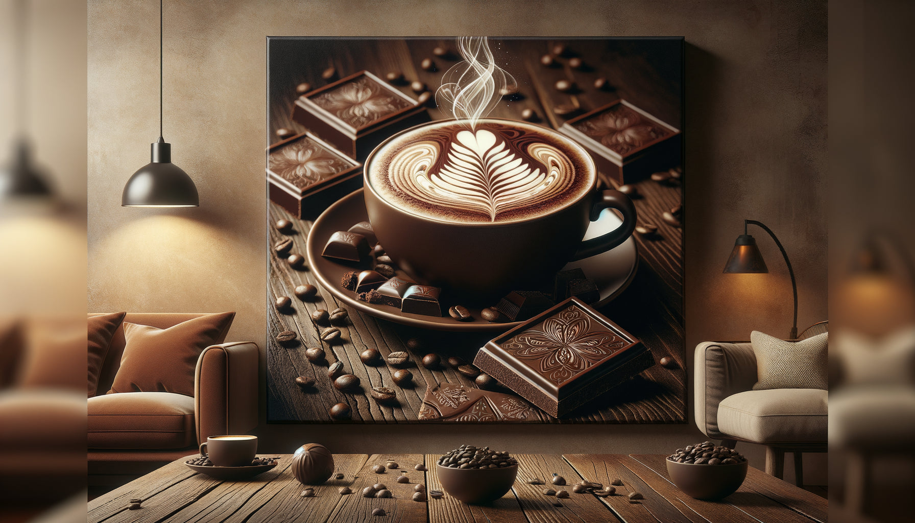 Tableau décoratif chocolat et café dans ambiance chaleureuse Airbnb contemporain avec éclairage accueillant