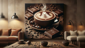 Tableau décoratif chocolat et café dans ambiance chaleureuse Airbnb contemporain avec éclairage accueillant