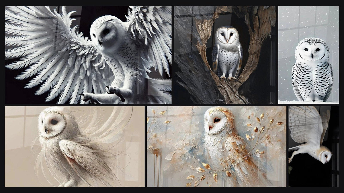 Mosaic of six paintings, including The Wisdom of the Winds, Softness of Feathers and Song of the Mists