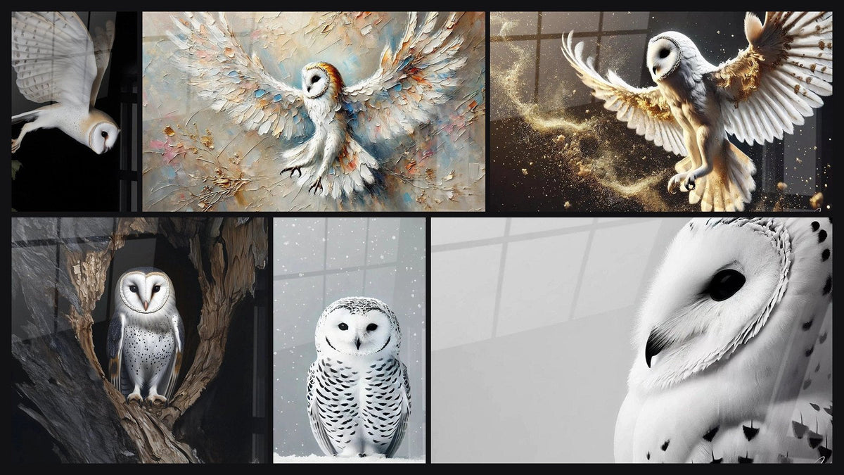 Mosaic of six paintings, including Owl Wall Art Shadow Guardian, Snow Queen and Arctic Silence