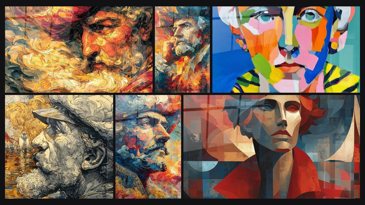 Mosaik aus sechs Gemälden, darunter Porträt Feuer Schöpfer, Gesicht Emotionale Symphonie und Porträt Kubische Reflexe