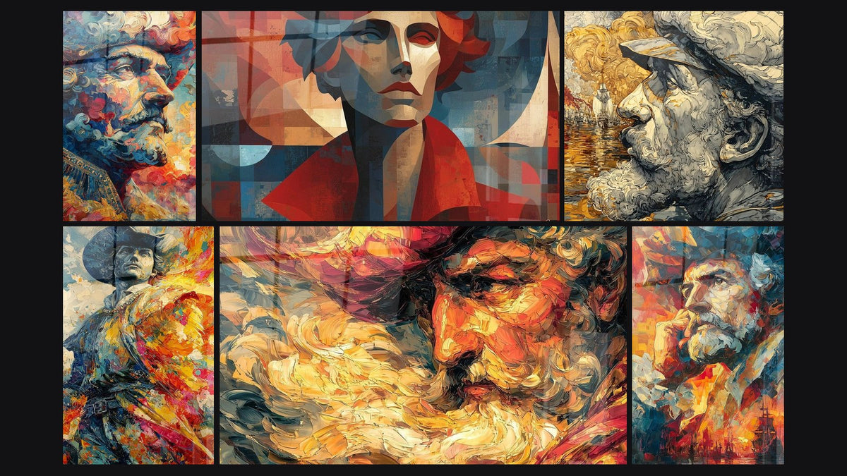 Mosaico di sei quadri, tra cui Volto Sinfonia Emotiva, Cristoforo Colombo Sguardo Conquistatore e Ritratto Riflessi Cubici