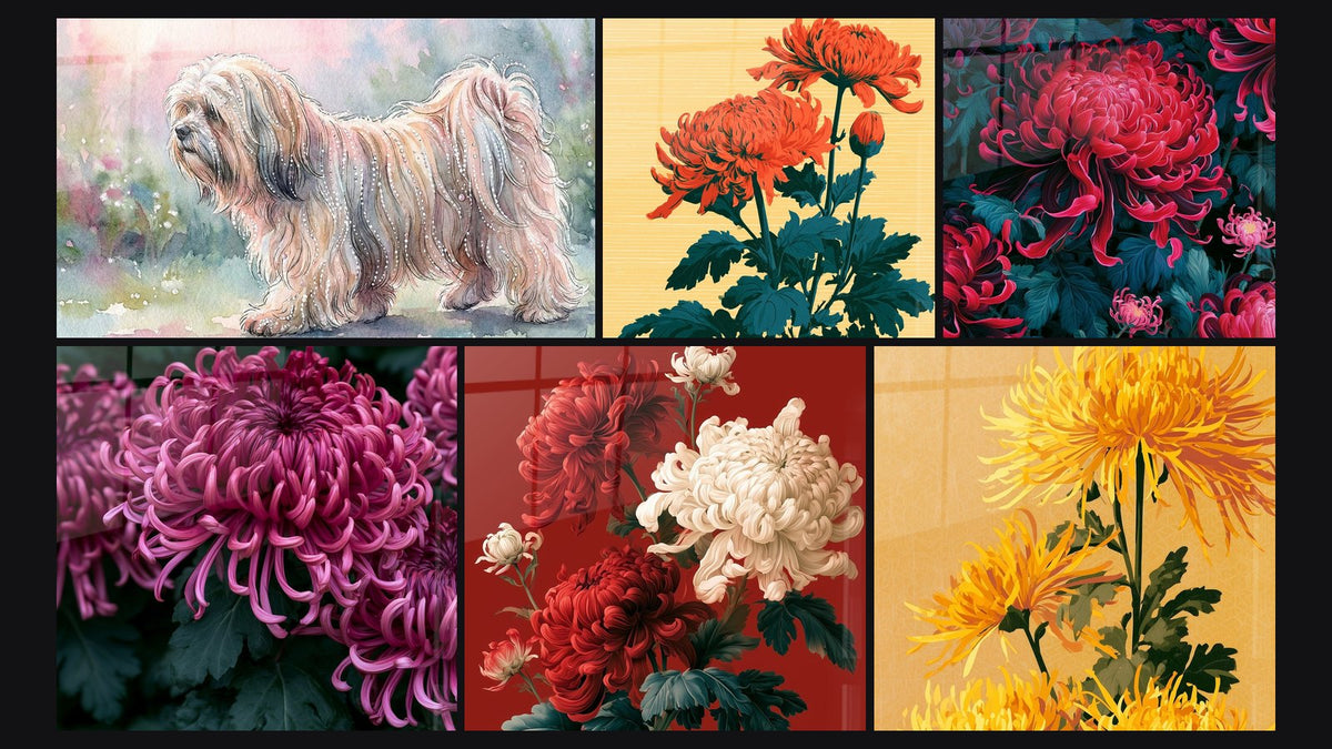 Mosaik aus sechs Gemälden, darunter Chrysantheme rote Blütenblätter gebogen