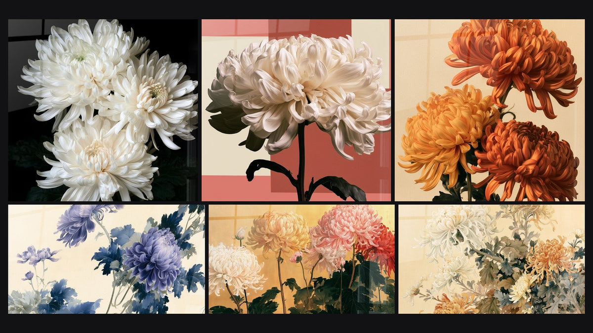 Mosaïque de six tableaux, dont Chrysanthèmes jaunes et roux en trio serré