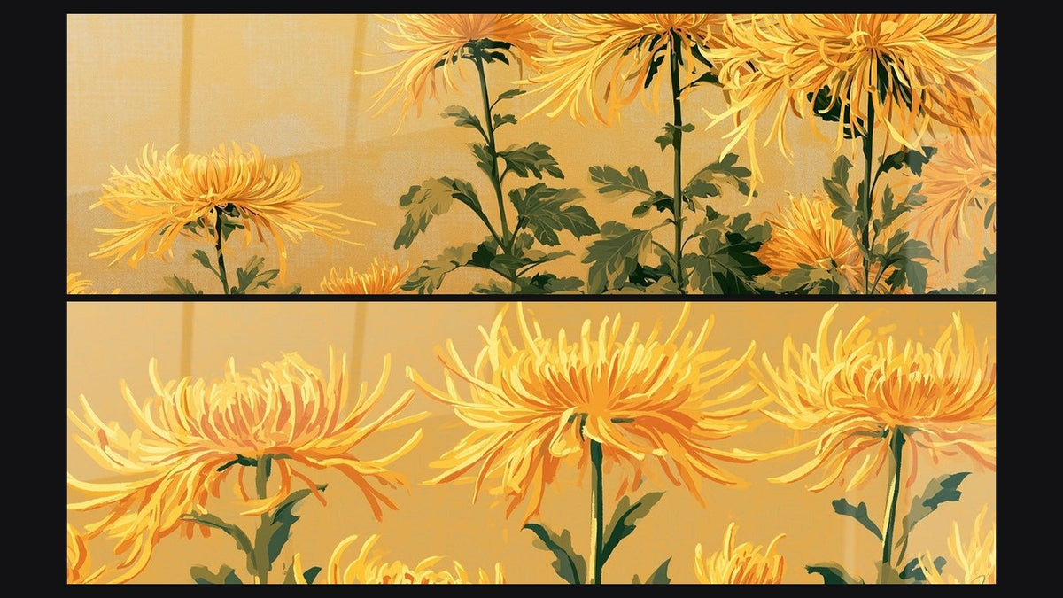 Deux tableaux côte à côte, dont Chrysanthèmes jaunes et orangés en rangée