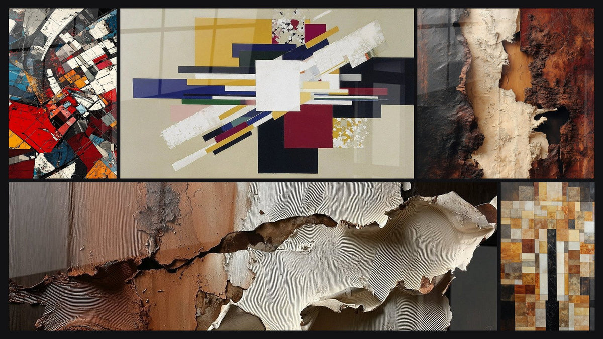 Mosaïque de cinq tableaux, dont Révolution Architecturale Moderne et Composition Géométrique Tension Créative