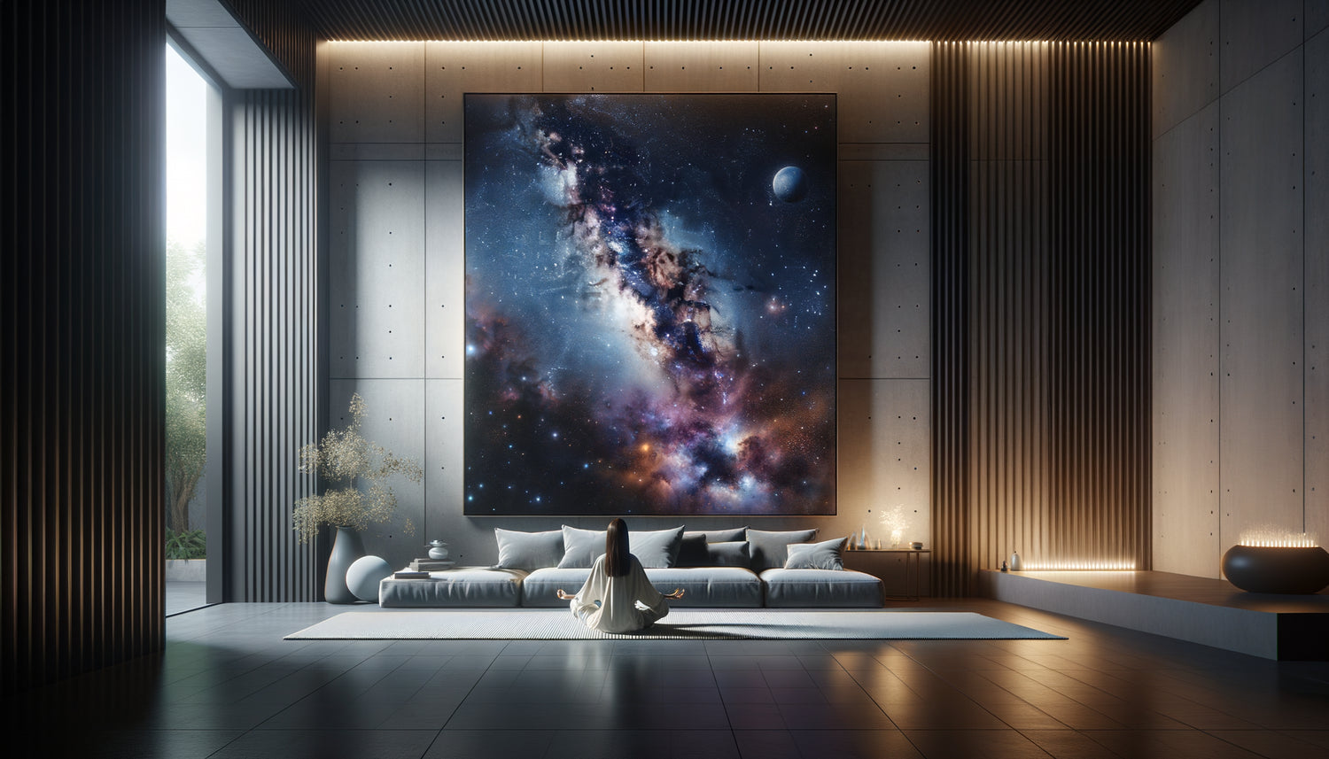 Personne en méditation devant un grand tableau de ciel étoilé cosmique dans un intérieur contemporain minimaliste apaisant